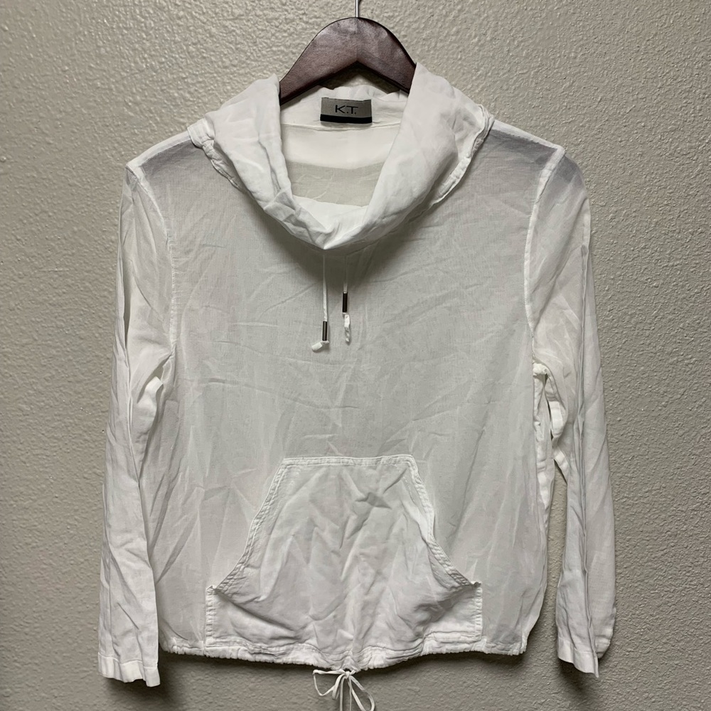 KT white linen lightweight long sleeve cowl neck pull over summer shirt Sz S